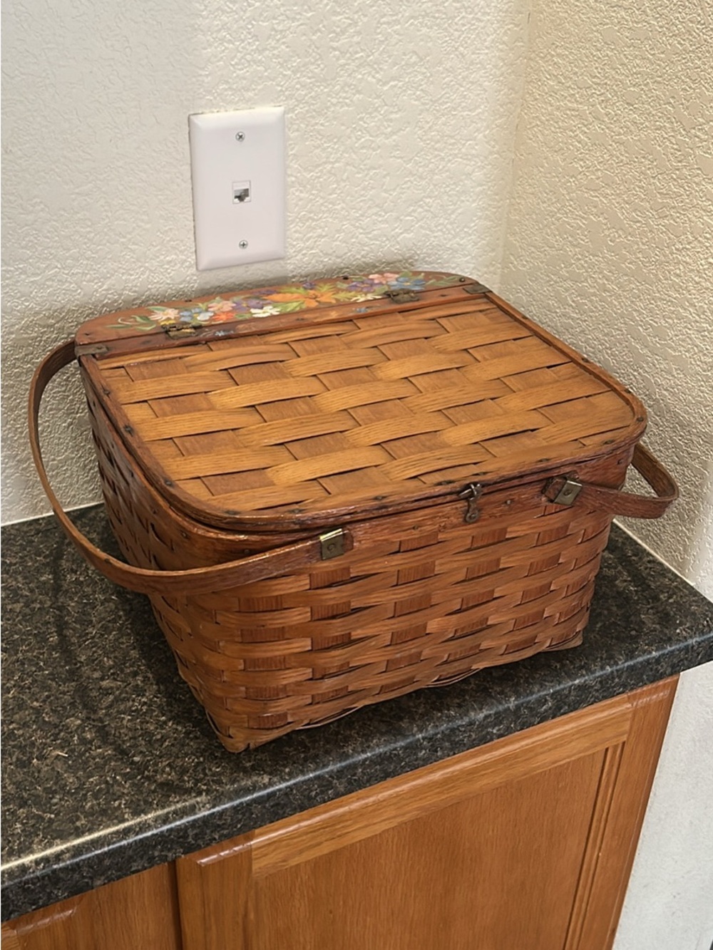 Vintage Woven Wood Picnic Basket with Floral Lid